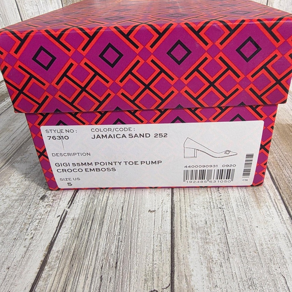Tory Burch Eleanor Beige Croc Embossed Leather Pointed Toe Block Heel Pumps 5M - Picture 14 of 15